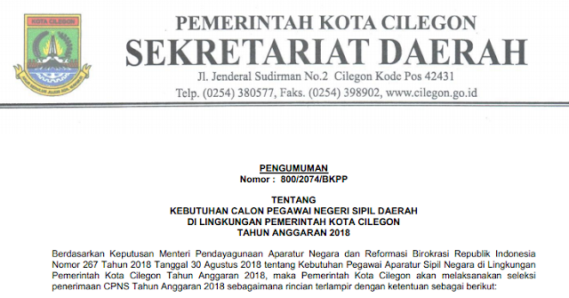 Pengumuman CPNS Kota Cilegon Provinsi Banten Tahun PENGUMUMAN FORMASI, PERSYARATAN DAN TATA CARA PENDAFTARAN CPNS KOTA CILEGON TAHUN 2018