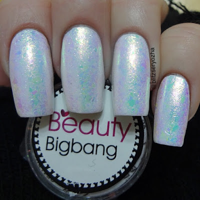 Beauty Bigbang, Iridescent Chameleon Flakes, J2443-9A, over white polish