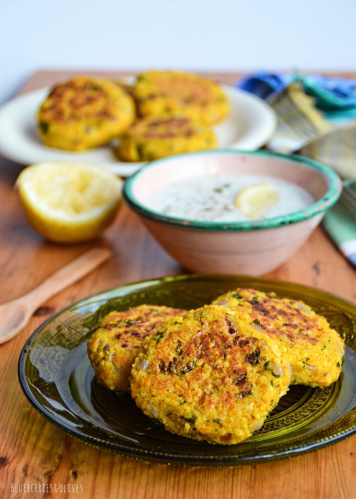 MILLET VEGGIE BURGERS WITH CURRY AND A YOGURT SAUCE (GF, LF, VGT)