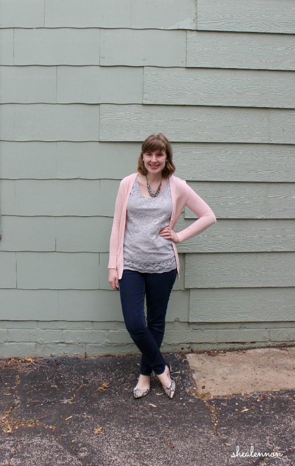 pale pink cardigan, lace top, dark jeans, snakeskin flats | www.shealennon.com