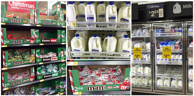in store product photo, walmart, milk, M&Ms