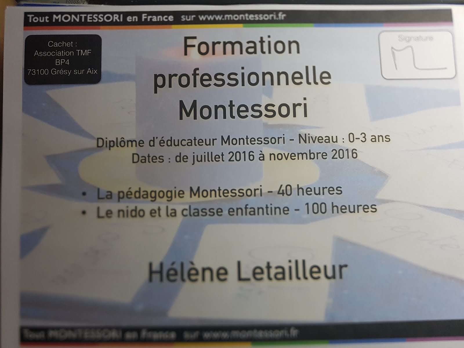 Mme Hélène Letailleur Diplômée Educatrice Montessori