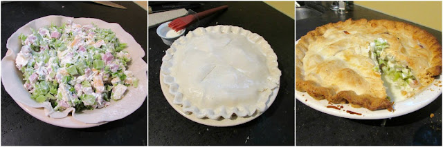 step by step collage of filling, making and baking pot pie