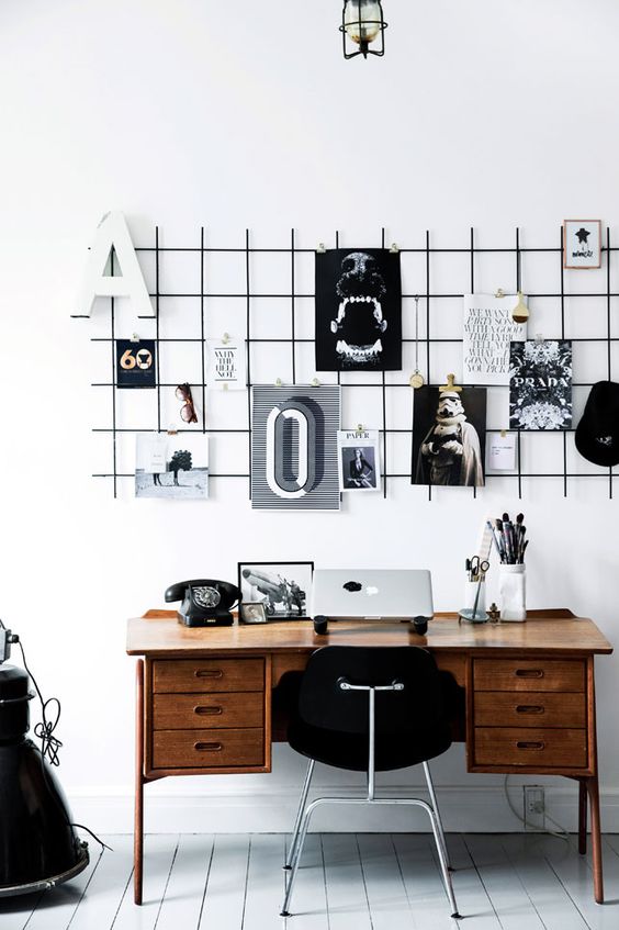 Home office Grade como painel de recados Decoração e Ideias