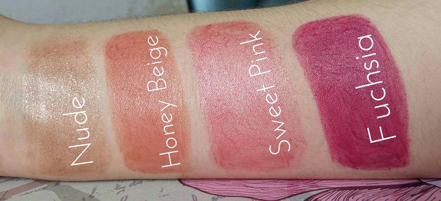 Les rouges à lèvres Max & More Lipstick : Nude, Honey Beige, Sweet Pink, Fuchsia