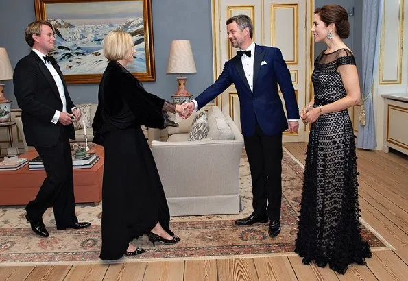 Crown Princess Mary wore Temperley London Black Textured Long Trellis Gown at gala dinner for 50th birthday of Crown Prince Frederik