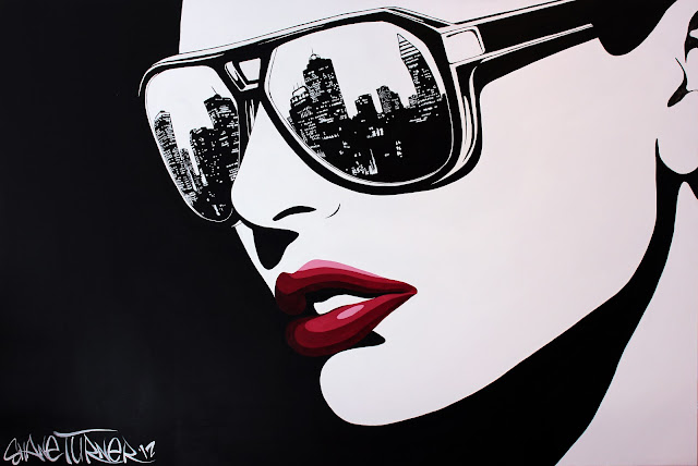 Pop Art noir comic styled painting in black and white of a girl wearing sunglasses with the city of montreal reflected in the lenses looking off into the distance. Alizarin crimson red lips.