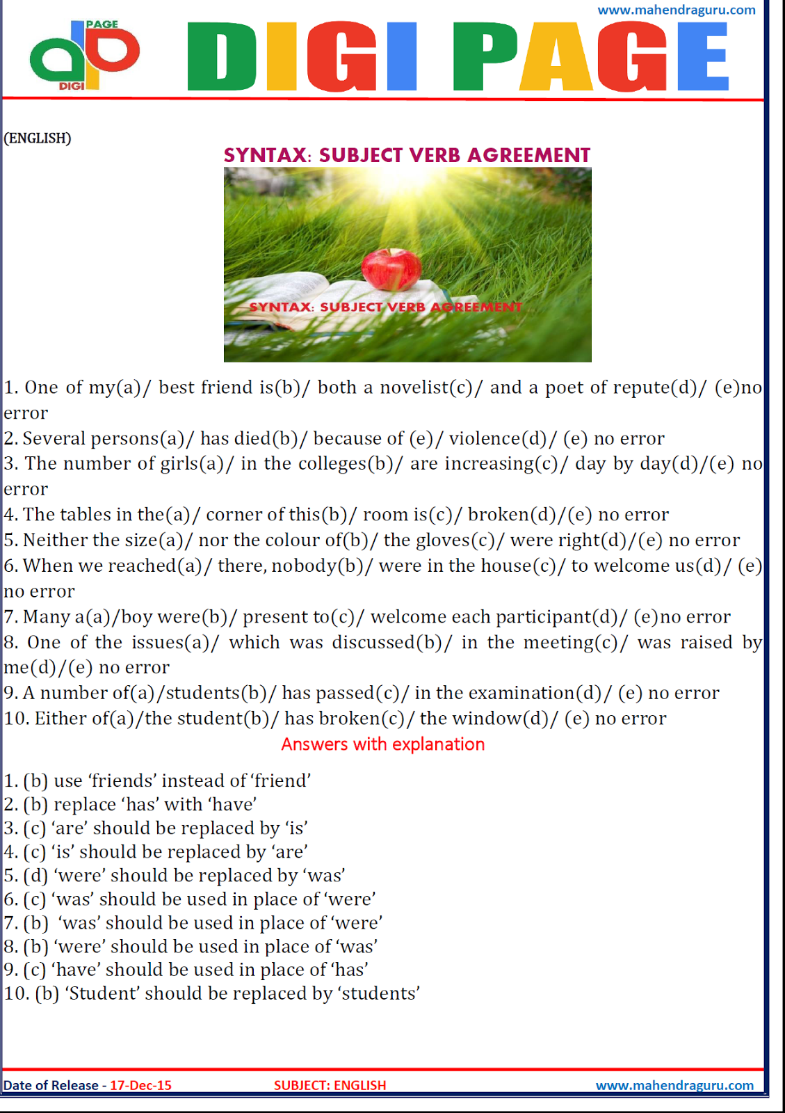 DP | Syntax | Subject Verb Agreement | 17-Dec-15