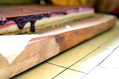 Classic Italian rainbow cookies, layered with almond cake, thin layer of apricot jam and coated with bittersweet chocolate.