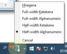 Menu de contexto do Microsoft IME Japonês mostrando as opções Hiragana, Full-width Katakana, Full-width Alphanumeric, Half-width Katakana e Half-width Alphanumeric