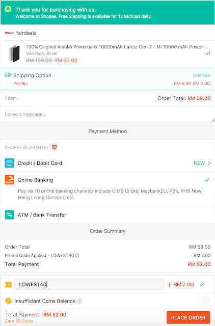 Xiaomi 10000mAh Mi Powerbank 2 Shopee Discount Promo Sale