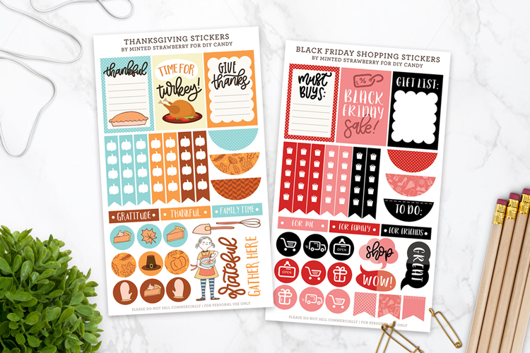 MINTED STRAWBERRY: These printable stickers for Thanksgiving and Black Friday are so cute! Download them at DIY Candy today. #happyplanner #planning #printable #sticker #plannerjunkie #bujo #bulletjournaljunkie planner stickers for thanksgiving and black friday