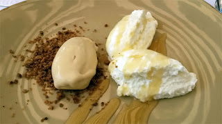 Curd cheese mousse, rosemary ice cream, honey, La Mar Salada, Barcelona. Curd cheese mousse, rosemary ice cream, honey, La Mar Salada, Barcelona.