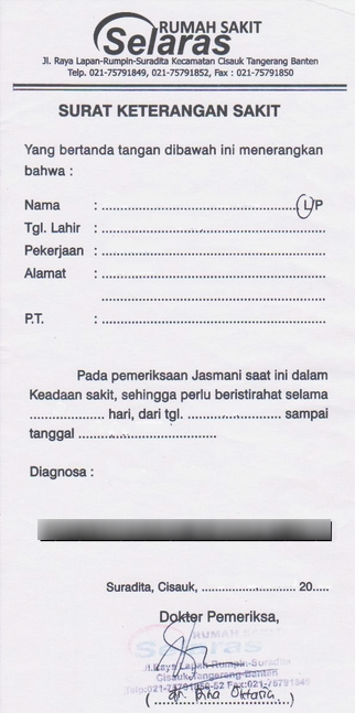 Contoh Surat Keterangan Sakit dari Rumah Sakit