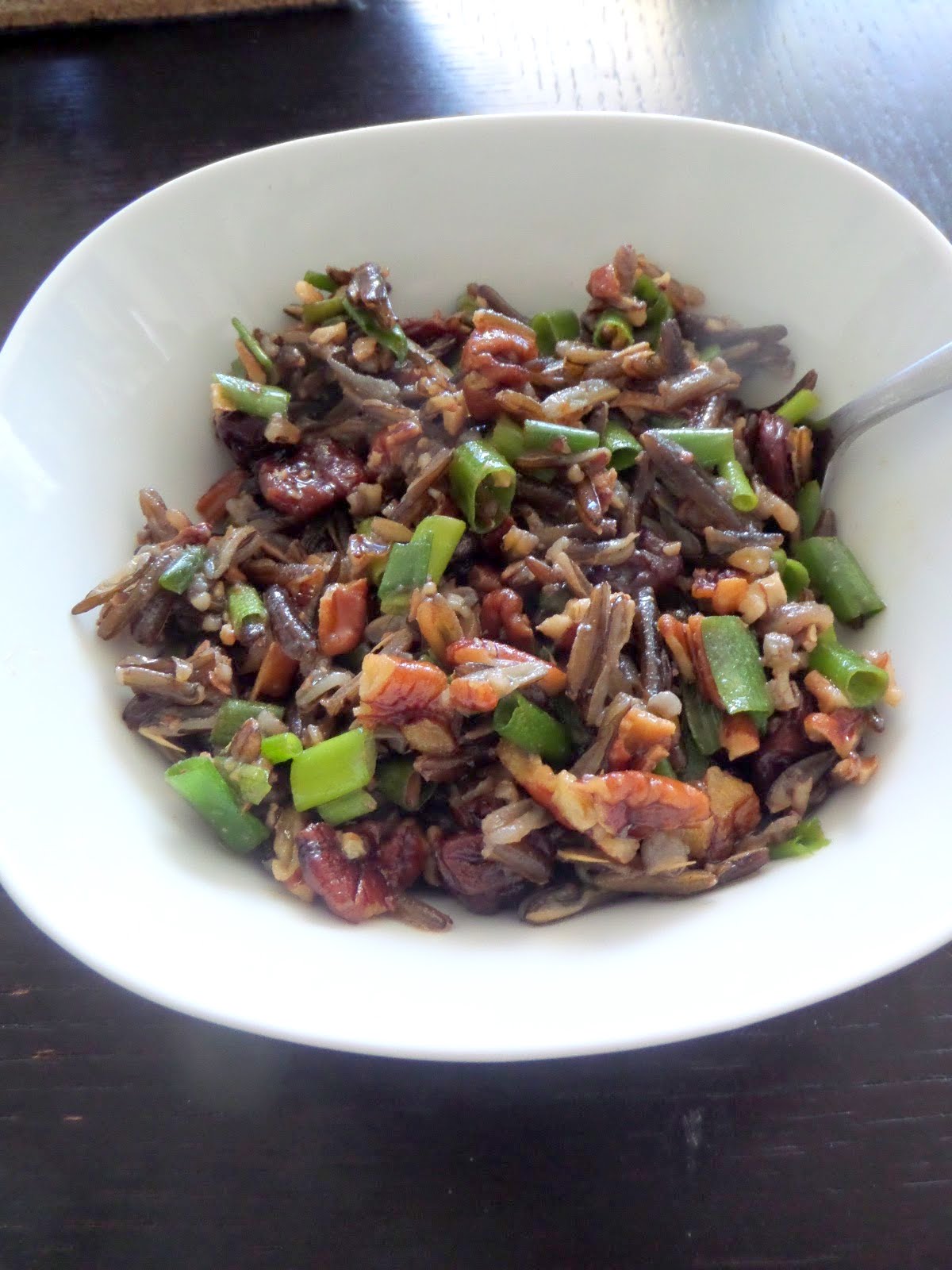 Wild Rice Cherry Pecan Salad:  A salad of wild rice, dried cherries, and pecans tossed in a raspberry vinaigrette.  It makes a great side dish or lunch.