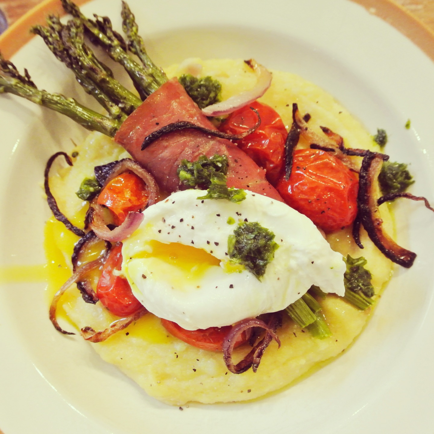 Ginger Rose Polenta with ProsciuttoWrapped Roasted Asparagus & Cherry