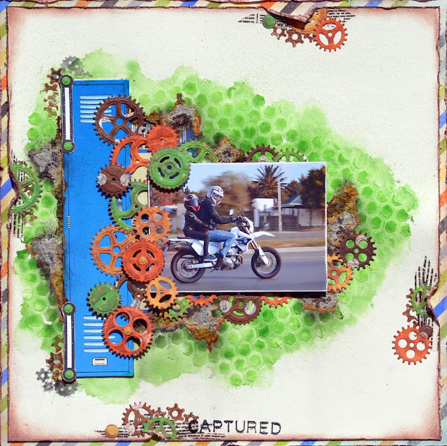 Mixed Media Layout by Denise van Deventer using the BoBunny Game On Collection and Pentart Rust Products