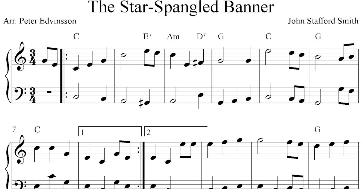Free easy piano sheet music score, The Star-Spangled Banner. 