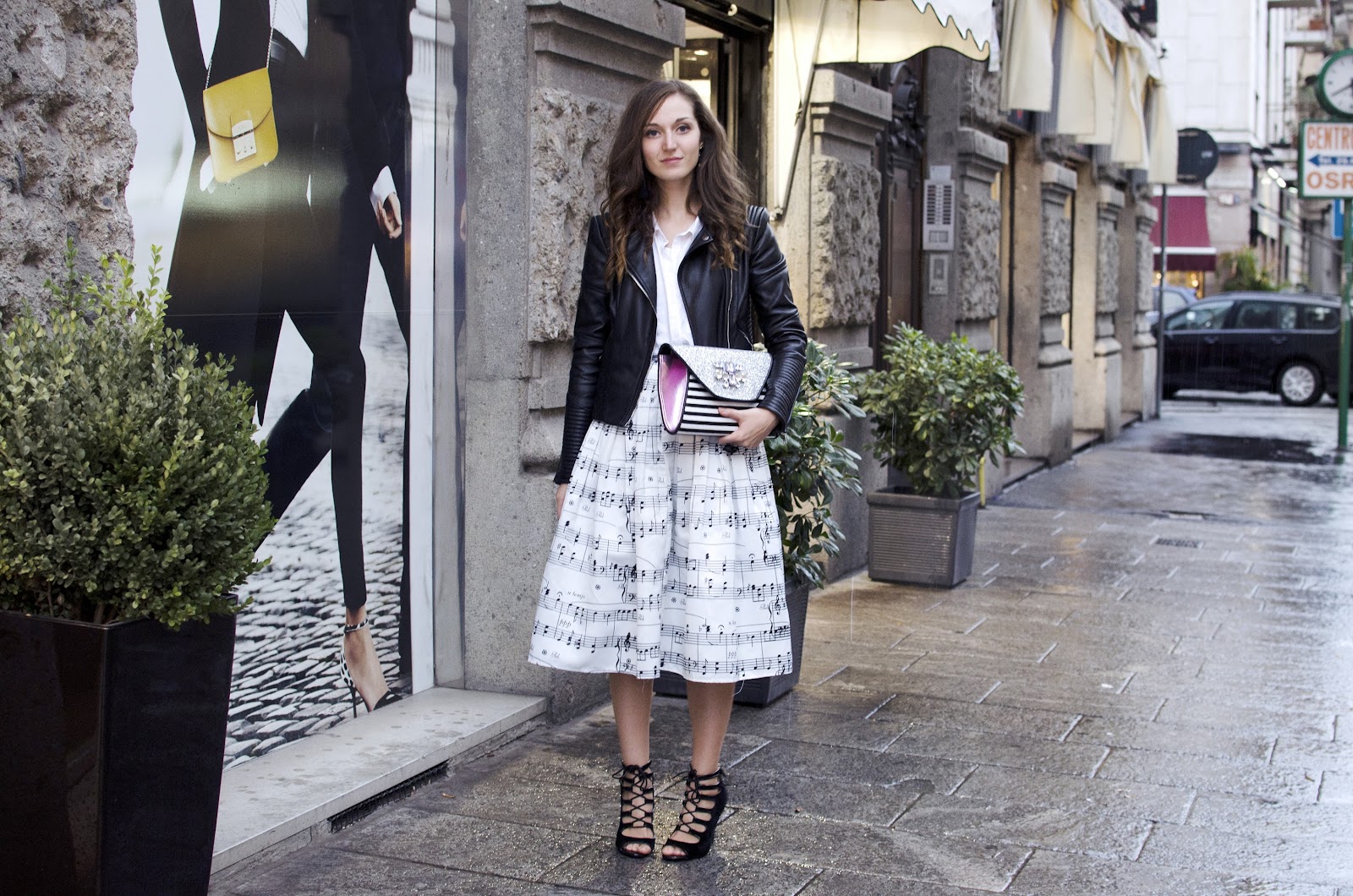 mfw milan fashion week street style fashion blogger italian girl midi skirt chicwish clutch new look lace up sandals oviesse leather jacket zara