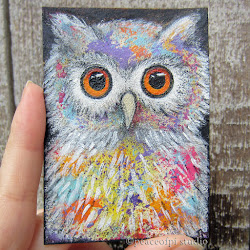 owl painting fantasy paintings bird acrylic aceo canvas miniature bright orange eyes square feathers