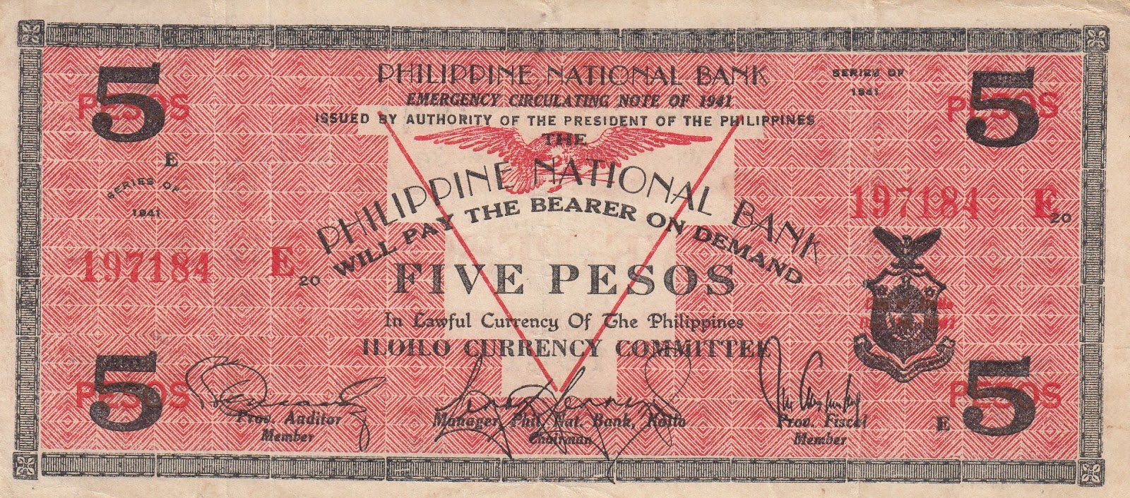 1941 P-S216 Emergency Notes WW II CEBU Circulated Philippines 5 Pesos
