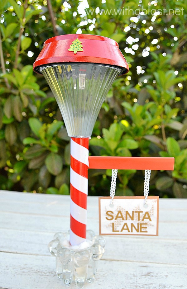 Santa Lane Lamp Post ~ Adorably cute Solar light Lamp Post, which I had changed up a bit and used what I had on hand ~ very easy and simple craft ! {Pinterest pin success!} #Christmas #ChrismasSign www.withablast.net