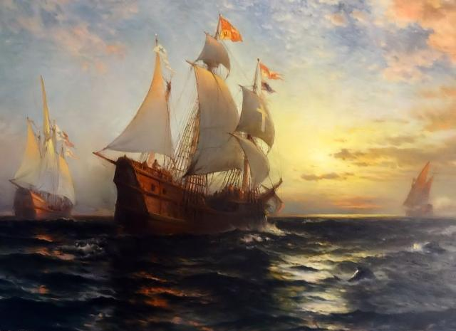Edward Moran: The Santa Maria, Nina and Pinta (Evening of October 11, 1492)
