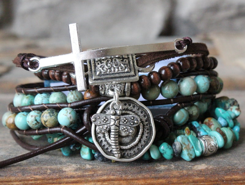 Ever Designs Blog April 2017 Stacked Layered Bracelets Stack Bohemian Boho Turquoise Leather Wrap Wood Cross Beads Stones Neutral Casual Earthy