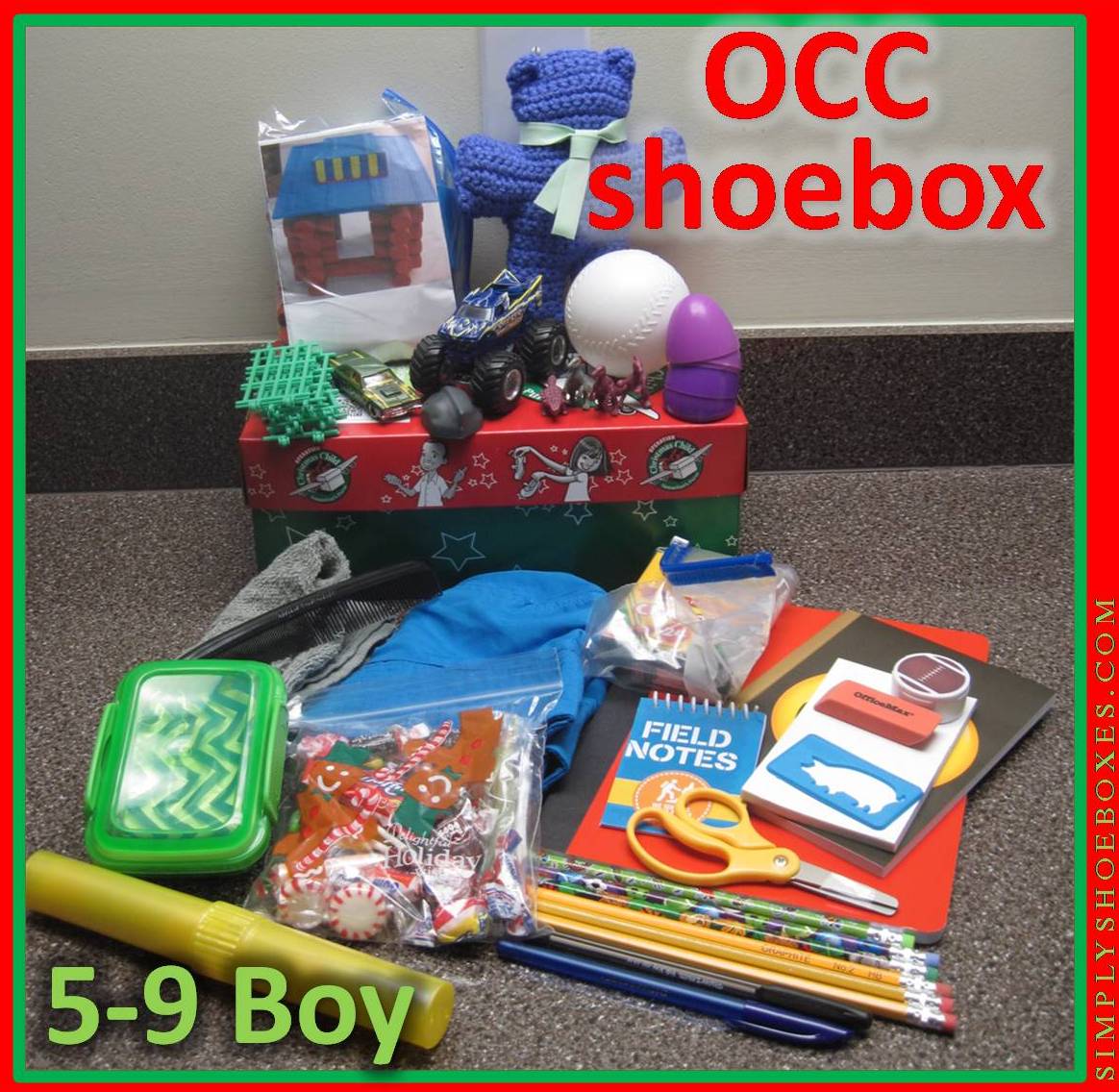 Simply Shoeboxes Example of an OCC Shoebox for a 59 Year Old Boy 2016