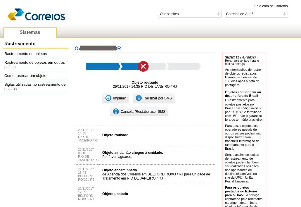 Status Objeto roubado encomenda Correios