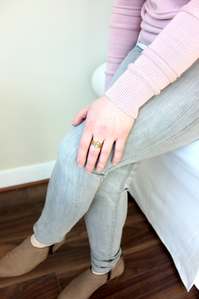 The Pale Pink Sweater | Something Good, franco sarto ankle boots, nordstrom, gray jeans, pink textured stripe loft sweater, madewell ring, women's fashion, winter style, outfits, outfit, clothes, clothing, denim