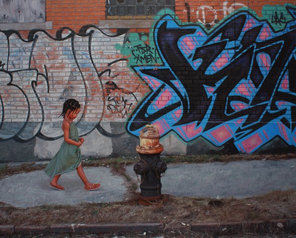 As pinturas hiper-realistas de meninas e animais em cidades abandonadas de Kevin Peterson Kevin Peterson arte pinturas hiper-realistas meninas animais na cidade abandonada surreal solidão
