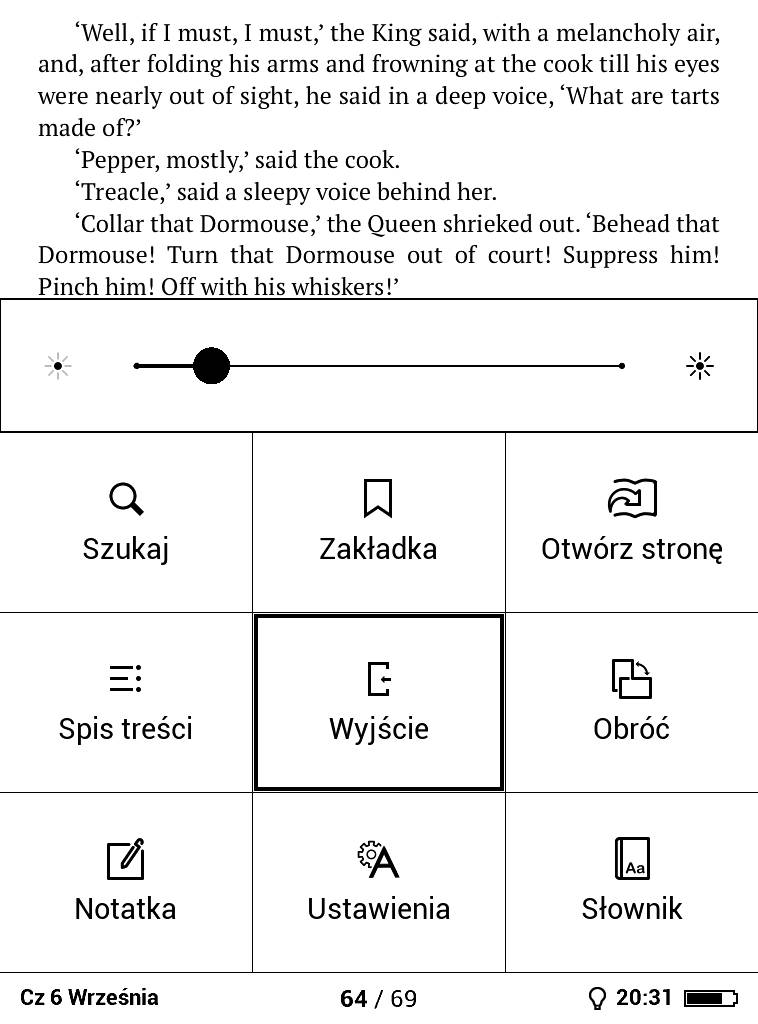 PocketBook Basic Lux 2 – menu wywołane z poziomu e-booka