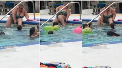 Mujer depilándose en la piscina de un hotel