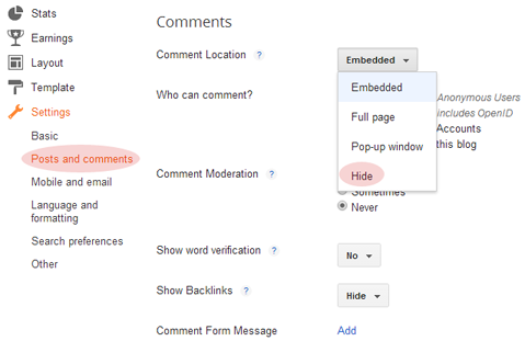 Comments Settings in Blogger Comments Settings in Blogger