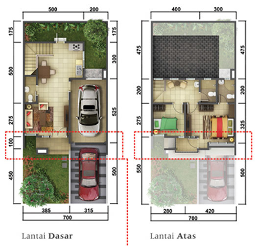 Denah rumah minimalis ukuran 7x15 meter 2 kamar tidur 2 lantai