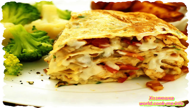 Блинный пирог с курицей, беконом и грибами Блинный пирог с курицей, беконом и грибами