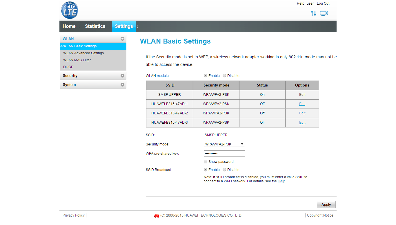 Globe LTE Modem Huawei B315s936 Gateway Dashboard