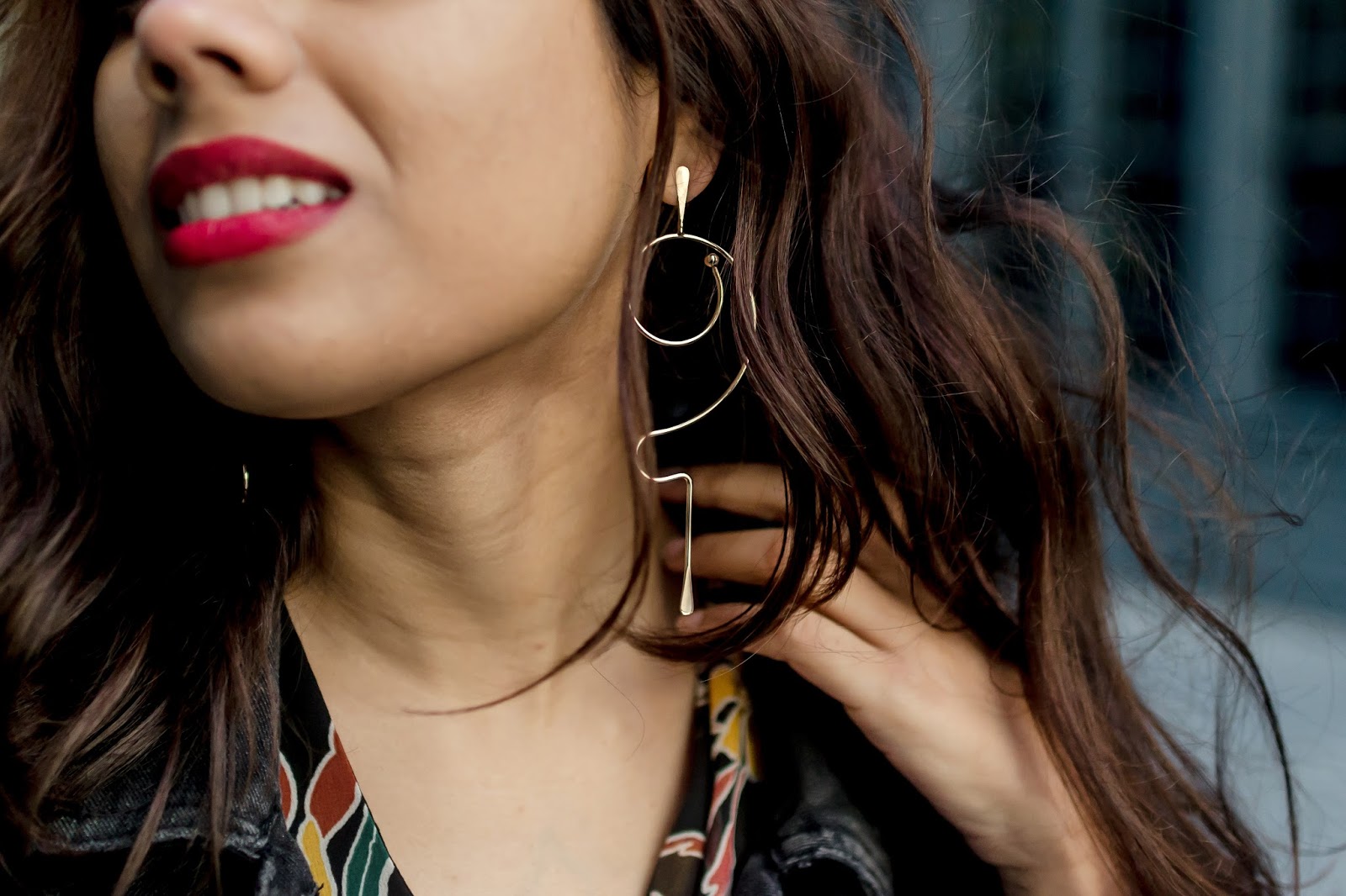 Long Gold Earrings with Red Lips