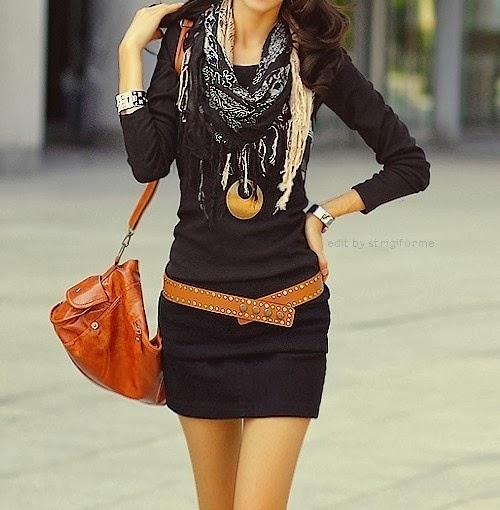 Stylish black dress, scarf, belt and handbag Fun and Fashion Blog