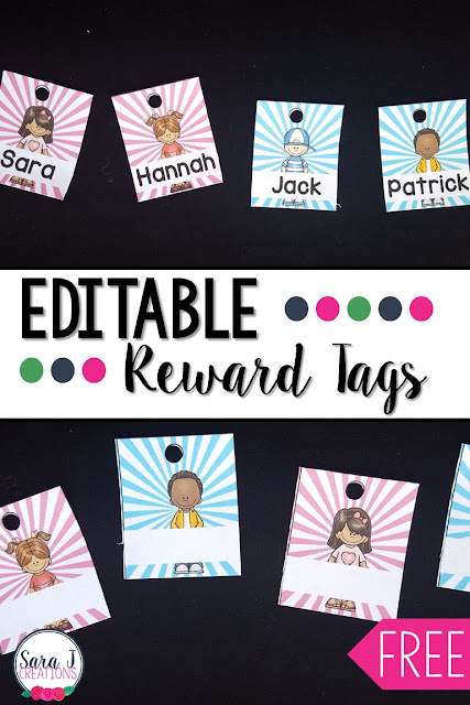 Such a cute way to start the year in your classroom with reward tags.  This freebie includes editable reward tags in 14 different styles to be used as a nametag for the first tag on your students' necklaces.