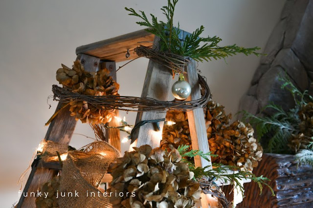 A treeless ladder Christmas tree, decorated with twig garland and hydrangeas, by Funky Junk Interiors A treeless ladder Christmas tree, decorated with twig garland and hydrangeas, by Funky Junk Interiors
