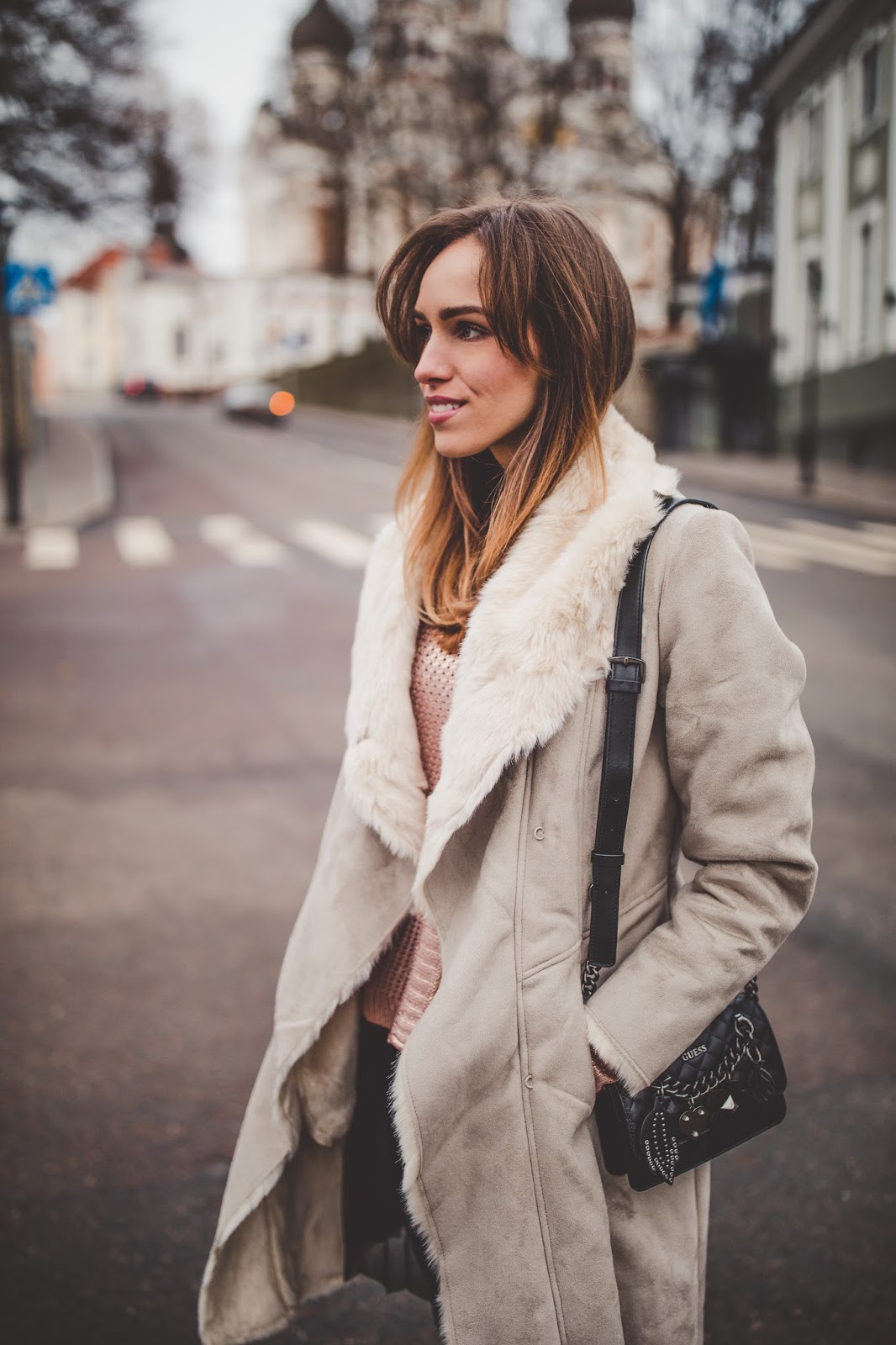 beige shearling coat outfit fall