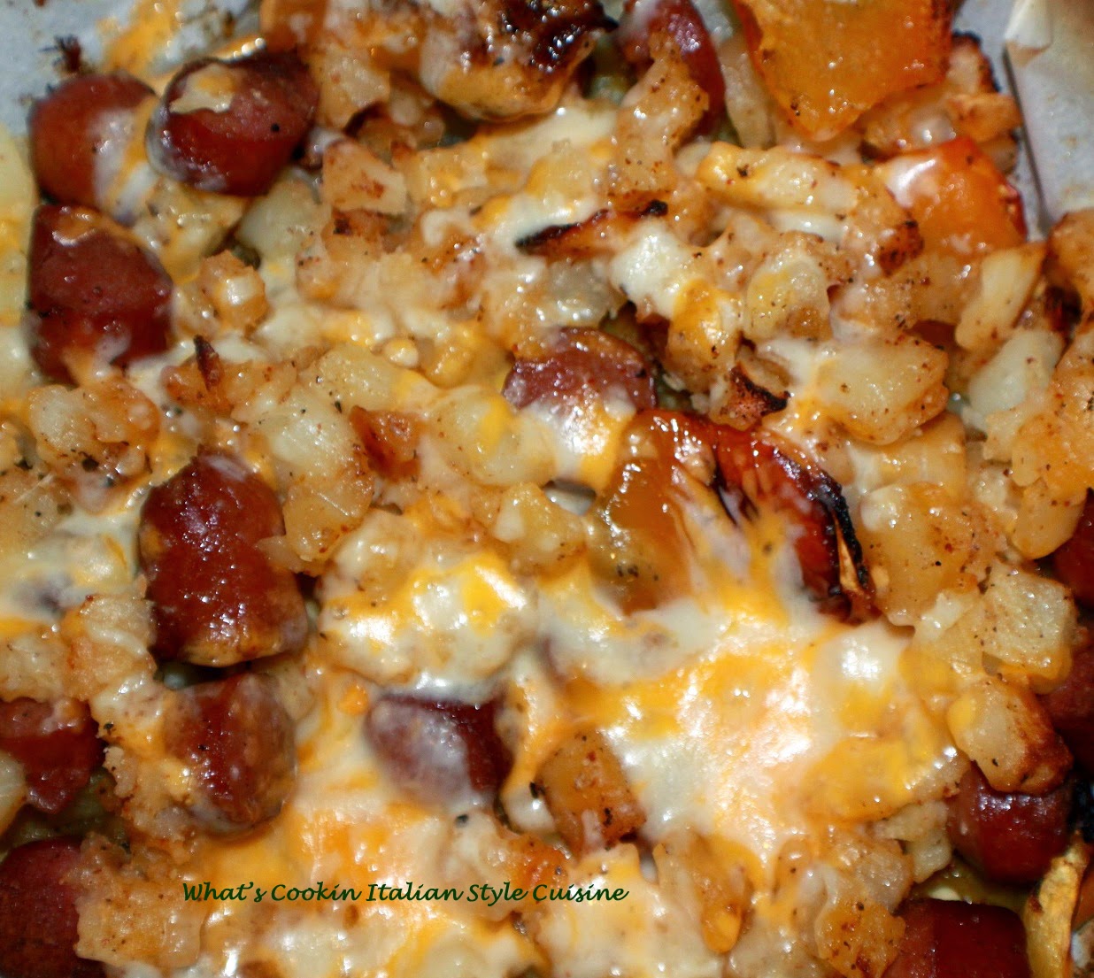 Cheesy Frankfurters Potatoes and Peppers What's Cookin' Italian Style