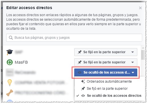 Fijar, ordenar automáticamente u ocultar accesos en Facebook Fijar, ordenar automaticamente u ocultar accesos en Facebook - MasFB