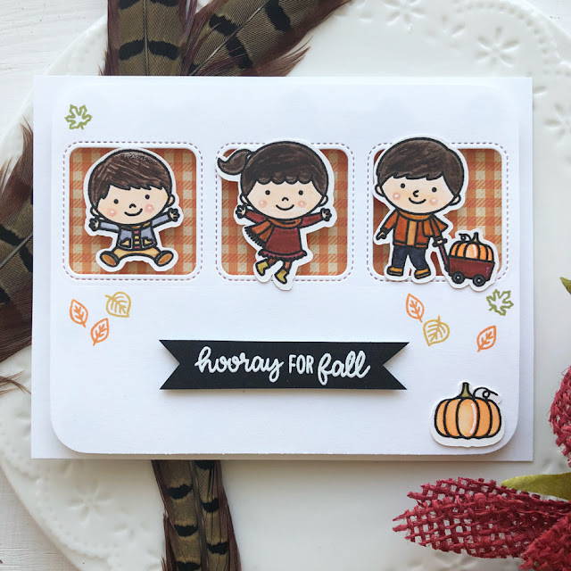 Sunny Studio Stamps: Fall Kiddos Window Trio Squares Customer Card by Ashley Hughes