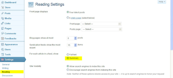 WordPress reading settings