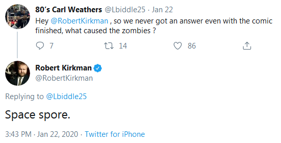 Twitter screenshot of Robert Kirkman's response to what was the cause of the apocalypse in The Walking Dead