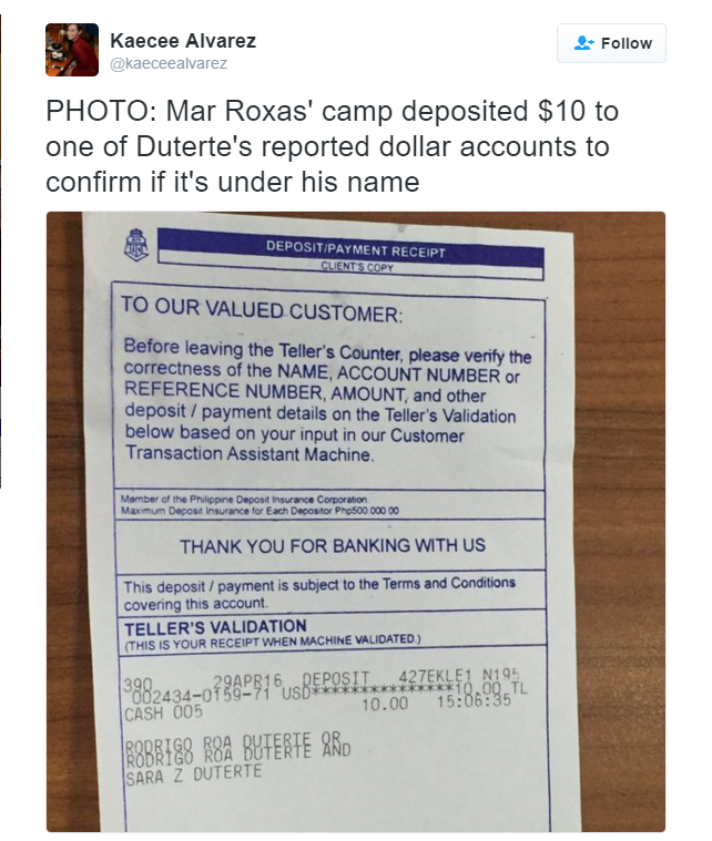 Roxas confirms that Mayor Duterte also owns dollar account