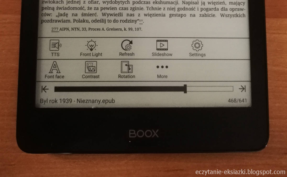 Onyx Boox Nova – dolna część menu e-booka po wybraniu przycisku more